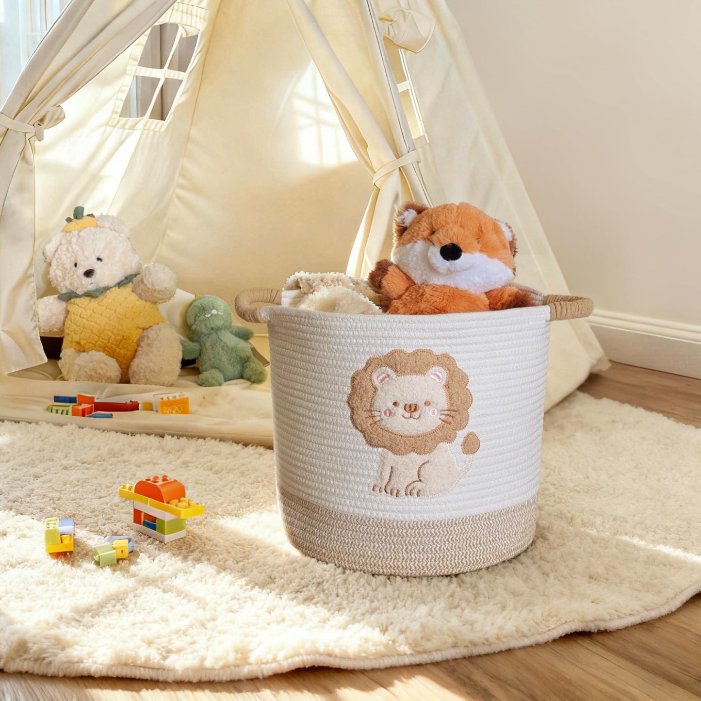 Mzzelry Toy Storage Basket(12"x12"), blanket basket, Cotton Rope Woven Laundry Hamper with Cute Embroidered Dinosaur for Nursery, Living Room, Laundry (Dinosaur)