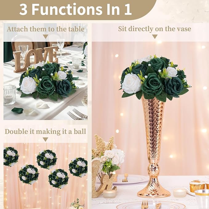 NUPTIO Green Flower Ball Centerpieces: Artificial Rose Arrangements for Wedding Party Tables Decorations - 2 Pcs Fake Silk Floral Kissing Balls for Home St Patrick's Day Christmas Event Dining