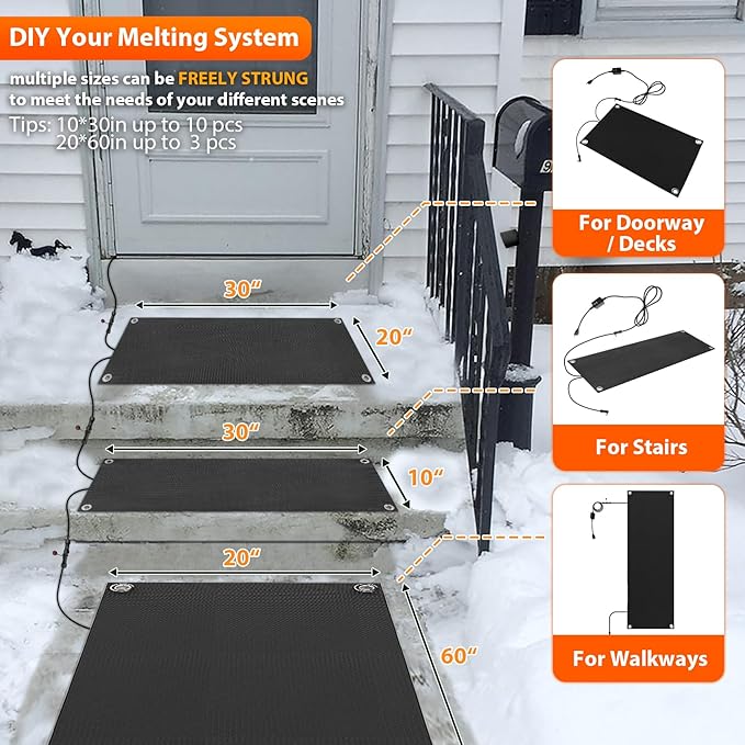 mestyl Heated Snow Melting Mats Outdoor, 10 x 30 Inch Heated Outdoor Mats, Snow and Ice Melting Mats No-Slip Winter Outdoor Heated Mats for Stair, Walkway, Steps, Sidewalks, Decks, Driveway, 1Pcs