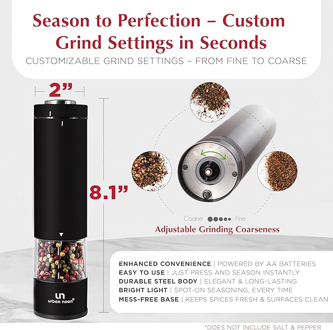 Electric Salt and Pepper Grinder Set - Battery Operated Stainless Steel Mill with Light (2 Black Mills) - Automatic One Handed Operation - Electronic Adjustable Shakers - Ceramic Grinders