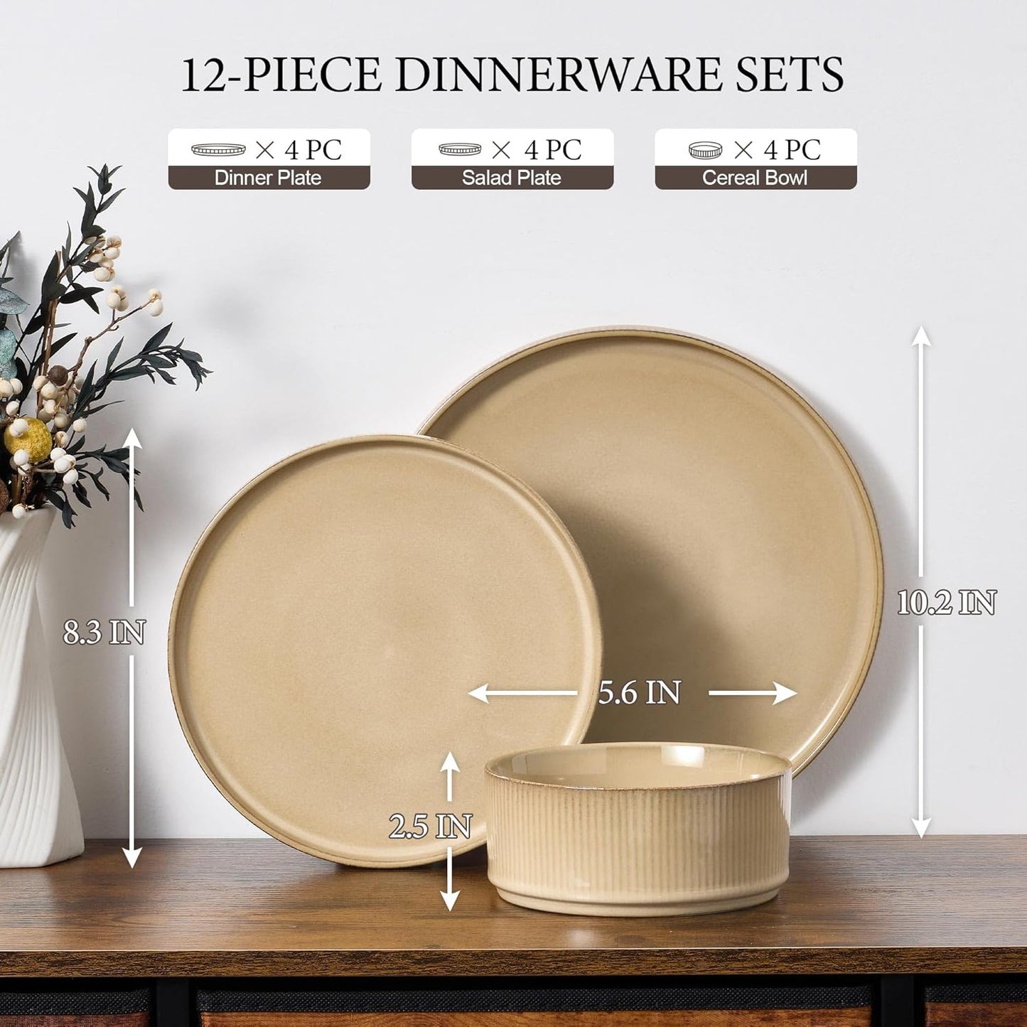 E-far 12-Piece Plates and Bowls Sets, Stoneware Dinnerware Dishes Sets for 4, Kitchen Modern Dining Dishware, Chip & Scratch Resistant, Microwave & Dishwasher Safe, Caramel Khaki