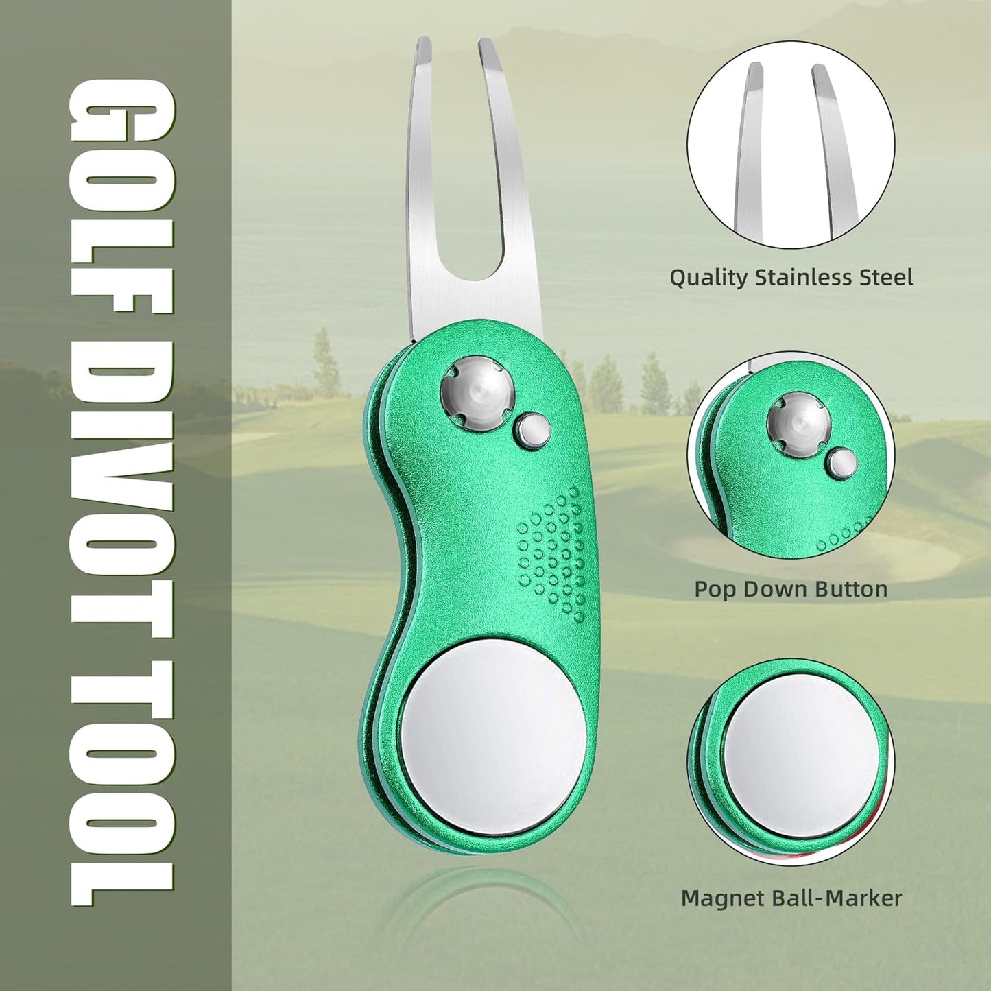 Mile High Life Golf Divot Repair Tool, All Metal Foldable Divot Tool with Pop-up Button & Magnetic Ball Marker