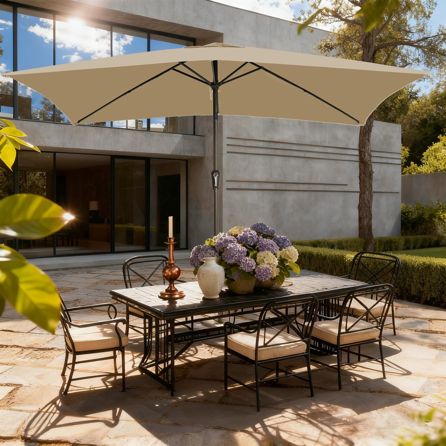 GREFORG 6.5x10FT Rectangular Patio Umbrella with Push Button Tilt & Crank Lift for Garden,UV Protection Outdoor Umbrella for Deck,Pool and Yard,Beige