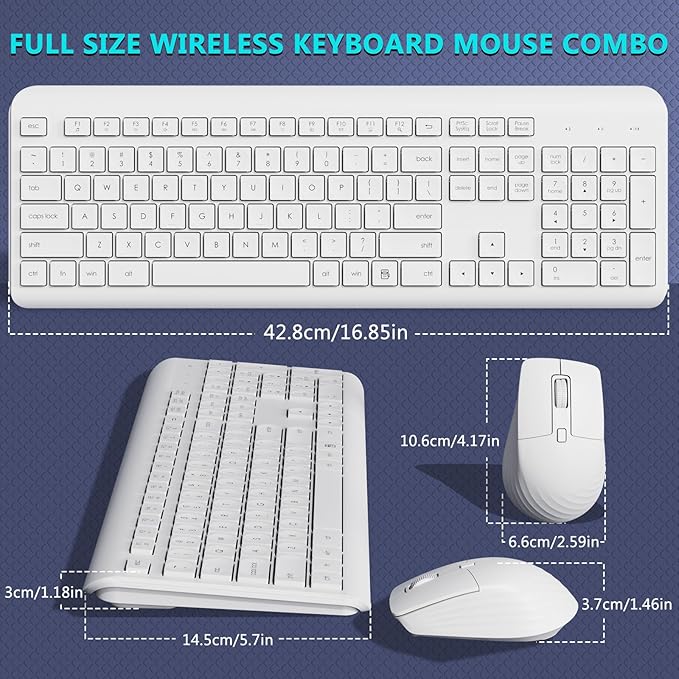 Wireless Keyboard and Mouse Combo, 2.4G Lag-Free Full Size Keyboard with Quiet Low Profile Concave Keys and Adjustable DPI Optical Mouse, Long Battery Life for PC, Windows, MAC Laptop (White)