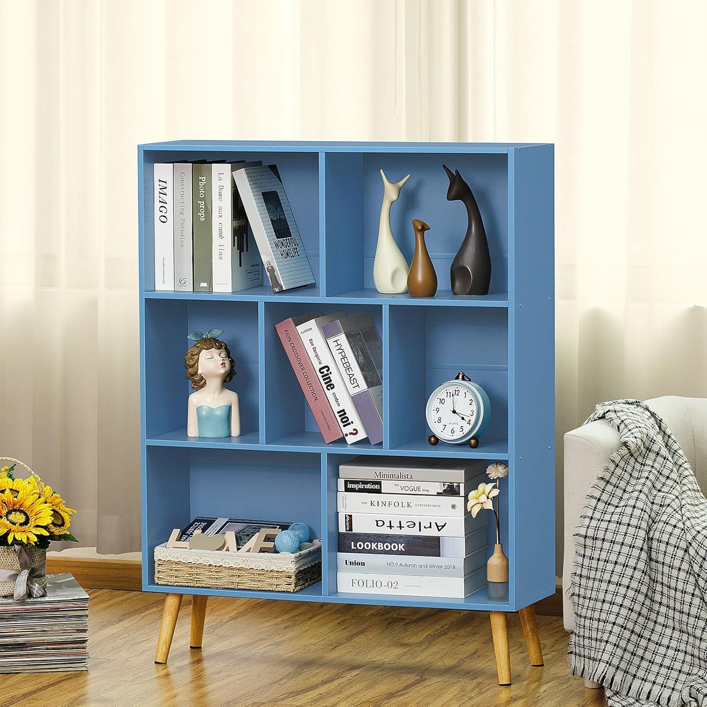 YAHARBO 7 Cube Bookshelf, Blue Kids Book Shelf with Cubby Storage,Wooden Modern Bookcase with Legs,3 Tier Freestanding Display Book Case,Children Toy Organizer,Bookshelves for Office,Nursery,Playroom