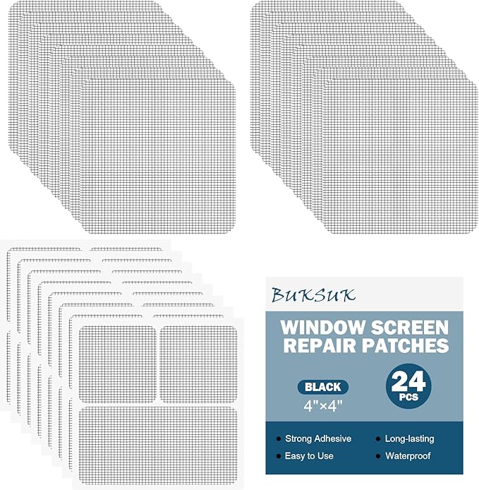 24 Sheets Window Screen Patches Repair Kit, 4 Sizes Window Screen Repair Tape, Strong Adhesive, Fiberglass Quick-Access (Black)