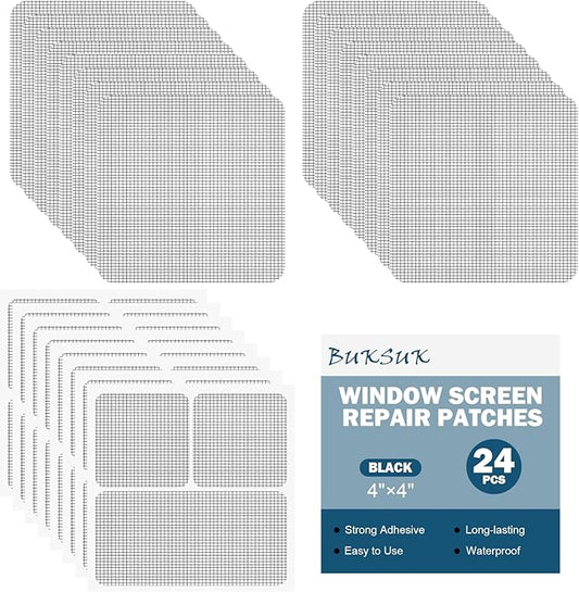 24 Sheets Window Screen Patches Repair Kit, 4 Sizes Window Screen Repair Tape, Strong Adhesive, Fiberglass Quick-Access (Black)