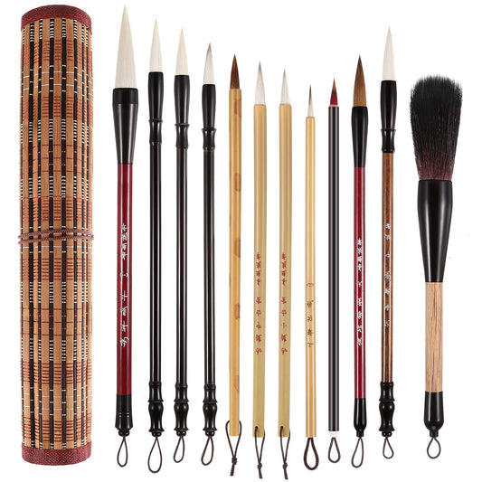 Marspark 12 Pieces Chinese Calligraphy Brushes Painting Writing Watercolor Ink Brushes Set for Kanji Japanese Sumi Drawing with Roll-up Holder