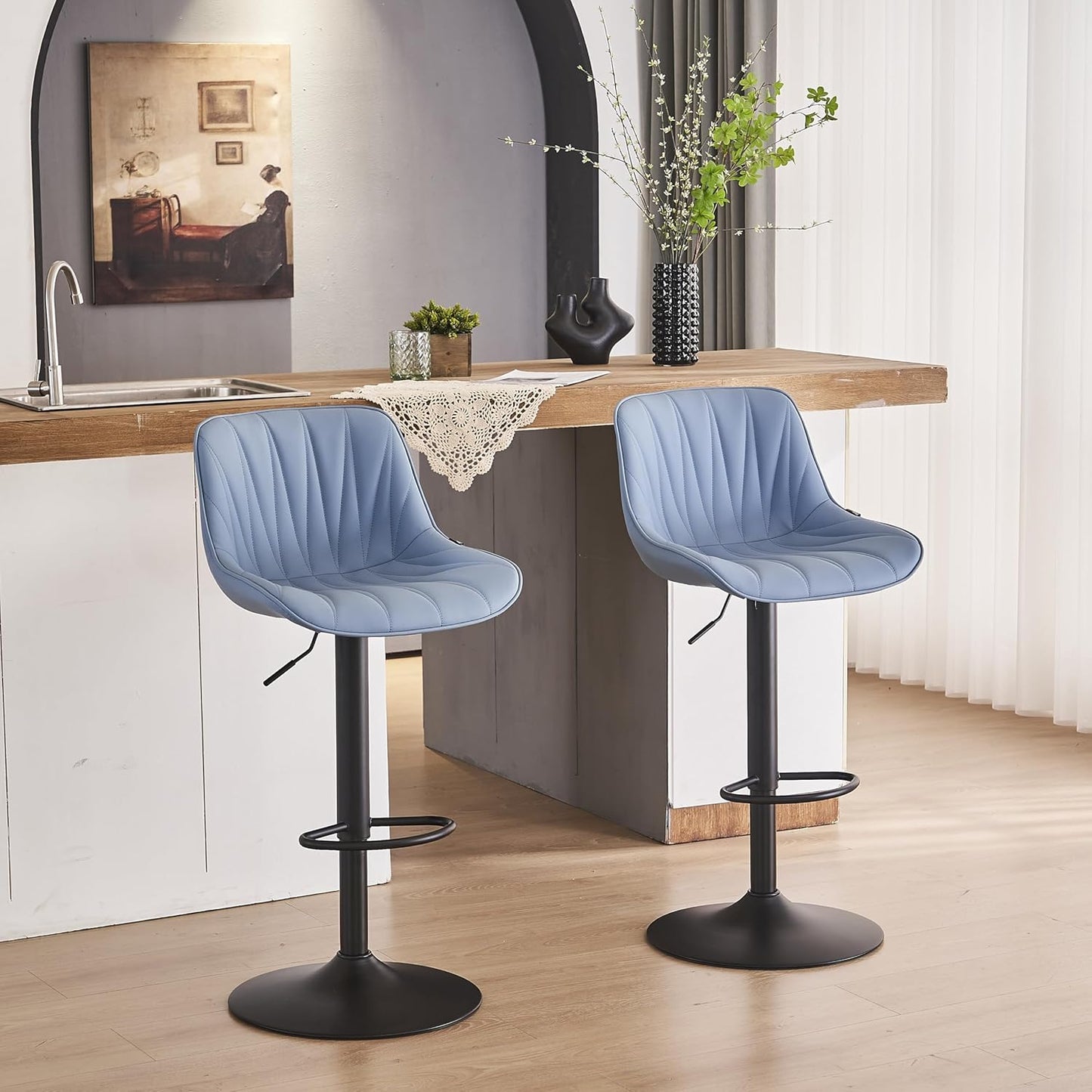 YOUNIKE Bar Stools Set of 2 for Kitchen Island, Blue Faux Leather Padded Counter Height Stools, Adjustable Swivel Barstools with Back, Modern Tall Stools with 300LBS Support