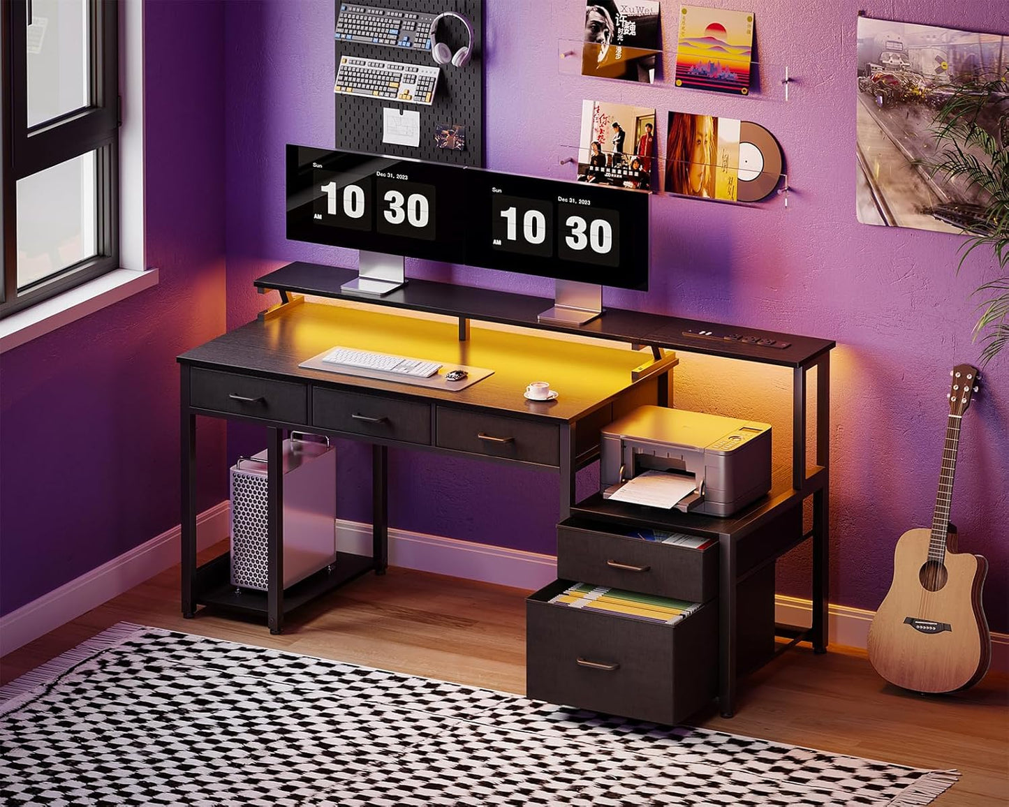 AODK 55 Inch Computer Desk with 3 Drawers and File Cabinet for Storage, Office Desk with Monitor Stand and LED Lights, Home Office Desks, Black