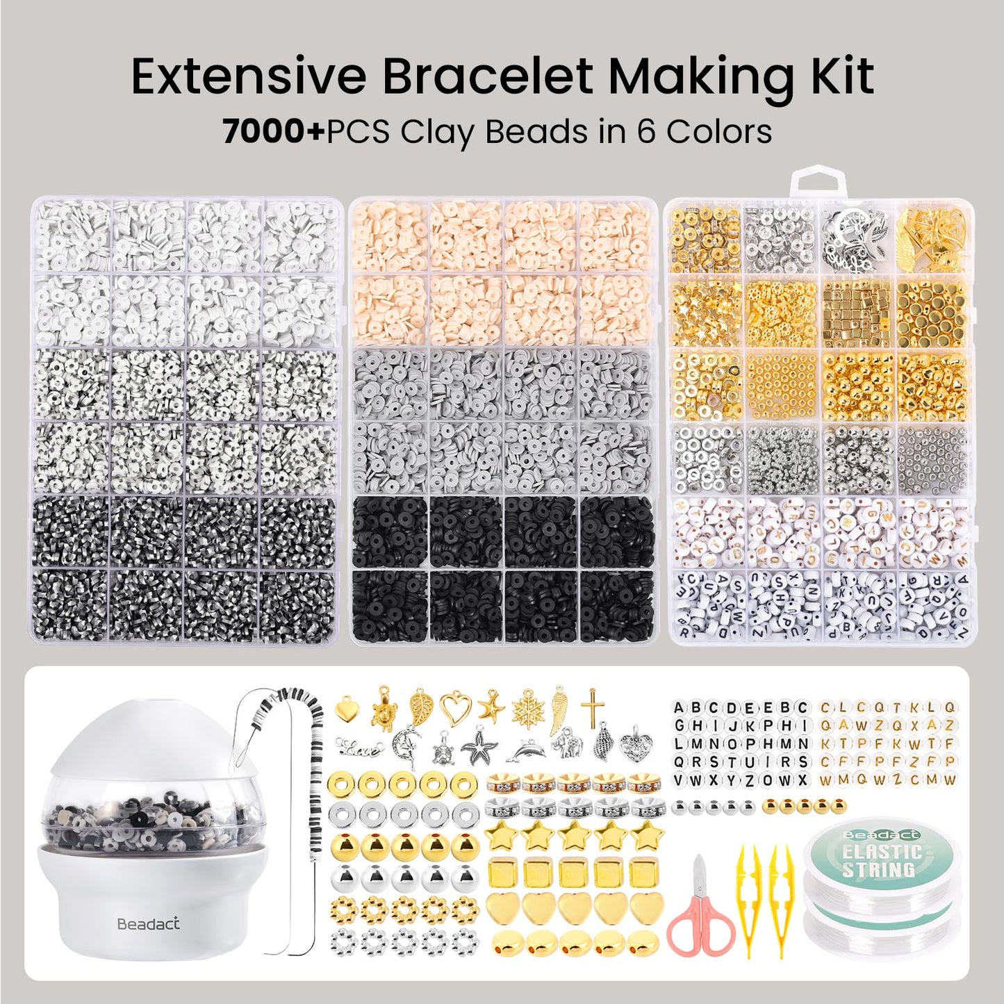Beadact Clay Bead Spinner for Jewelry Making Kit, 8116PCS Black White Gold Beads with Bracelet Spinner, Friendship Bracelet Maker for DIY Crafts with Spacer Bead and Charm, Gift for Craft Lover&Adult