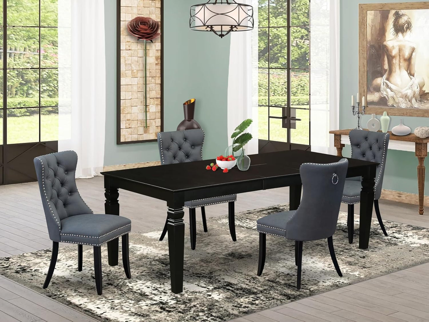 East West Furniture LGDA5-BLK-13 5 Piece Dining Table Set Contains a Rectangle Wooden Table with Butterfly Leaf and 4 Polyester Fabric Upholstered Chairs, 42x84 Inch, Black