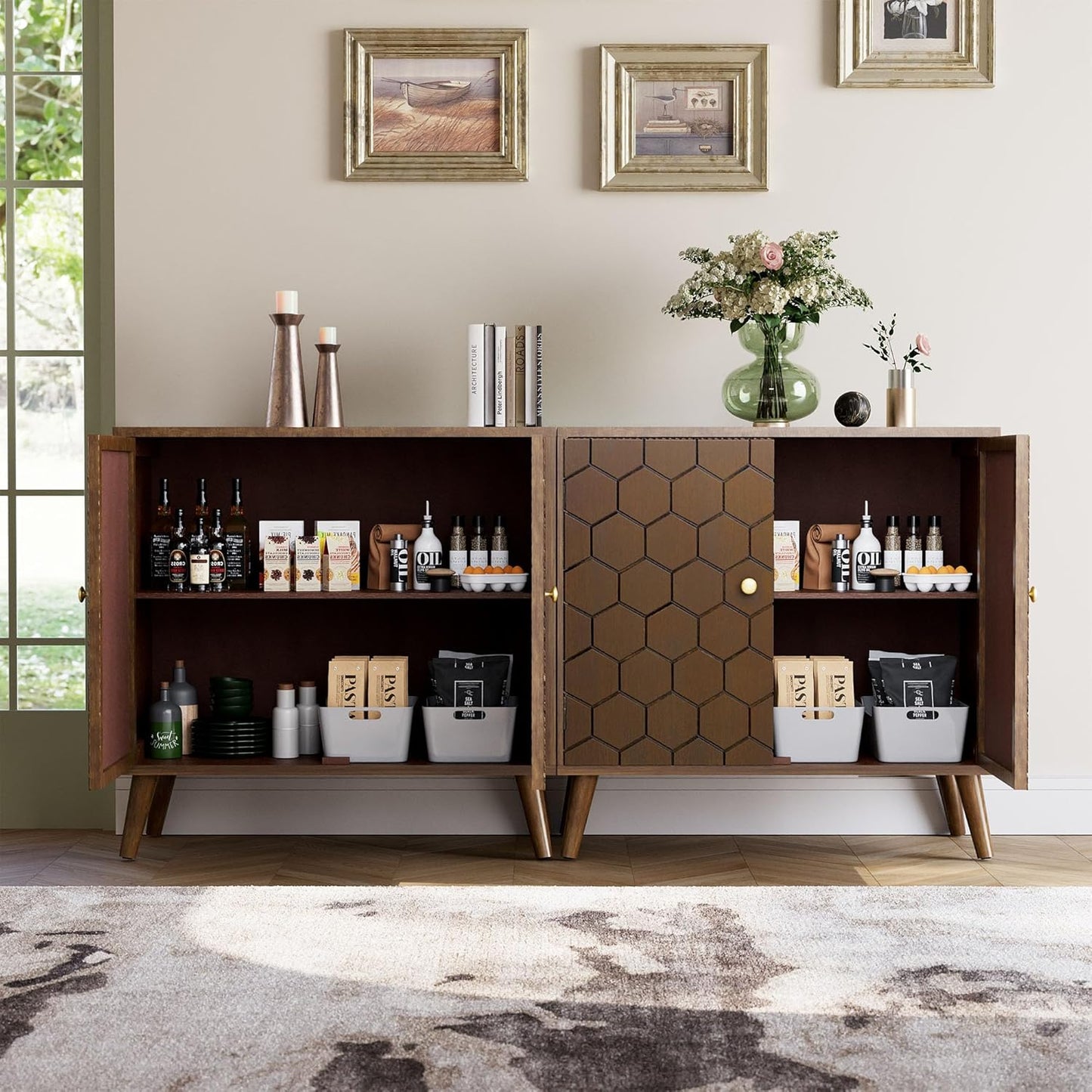 COSIEST Set of 3 32" Storage Sideboards with Doors, Accent Cabinets with Magnetic Push-to-Open Doors, Brown Honeycomb Pattern, Entryway Console for Living Room, Kitchen, Hallway