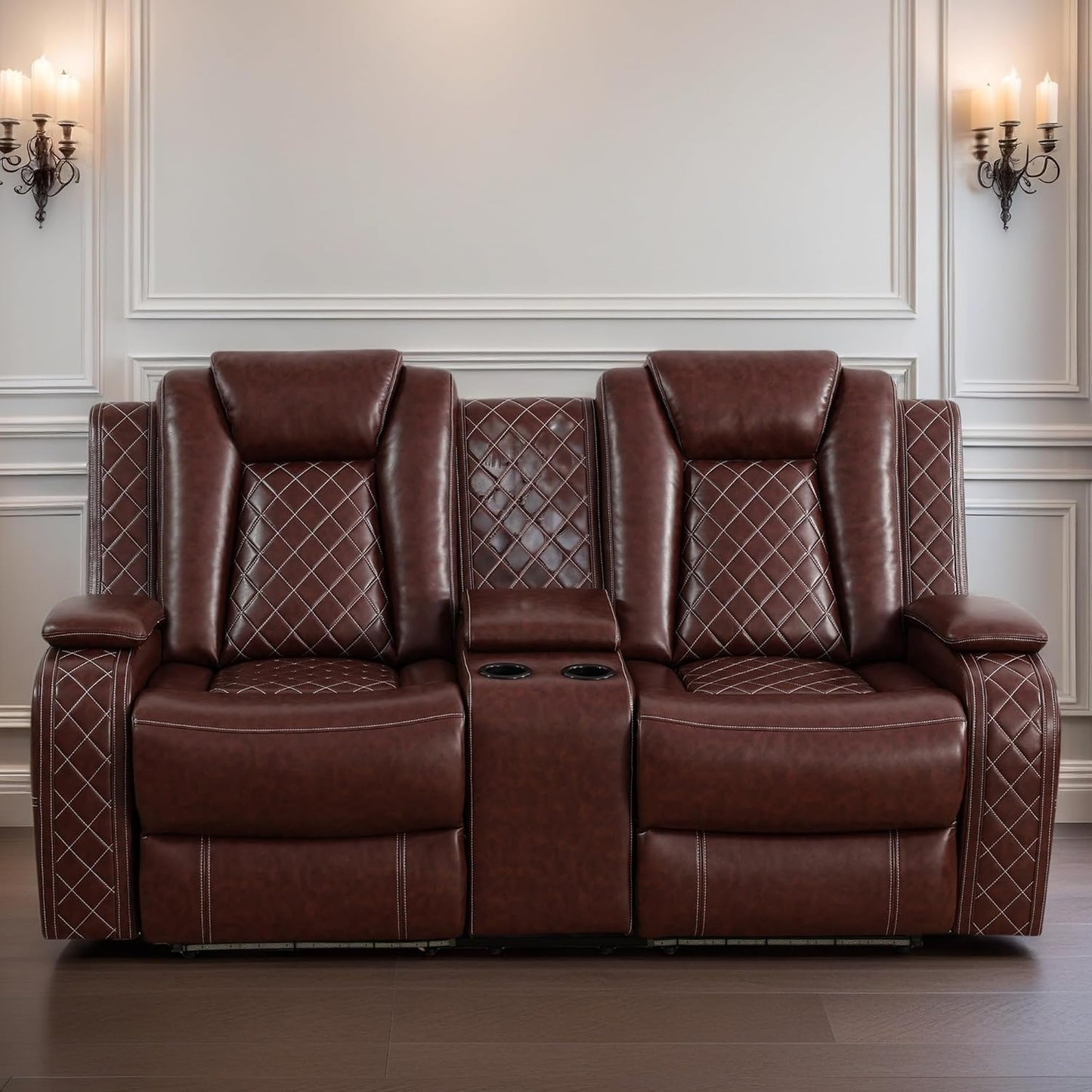 Loveseat Recliner Sofa, Reclining Loveseat Leather Couch with Storage Console, Modern Comfy Home Theater Seating Power Recliner Chair with Cup Holders for Living Room Furniture Sets, Red