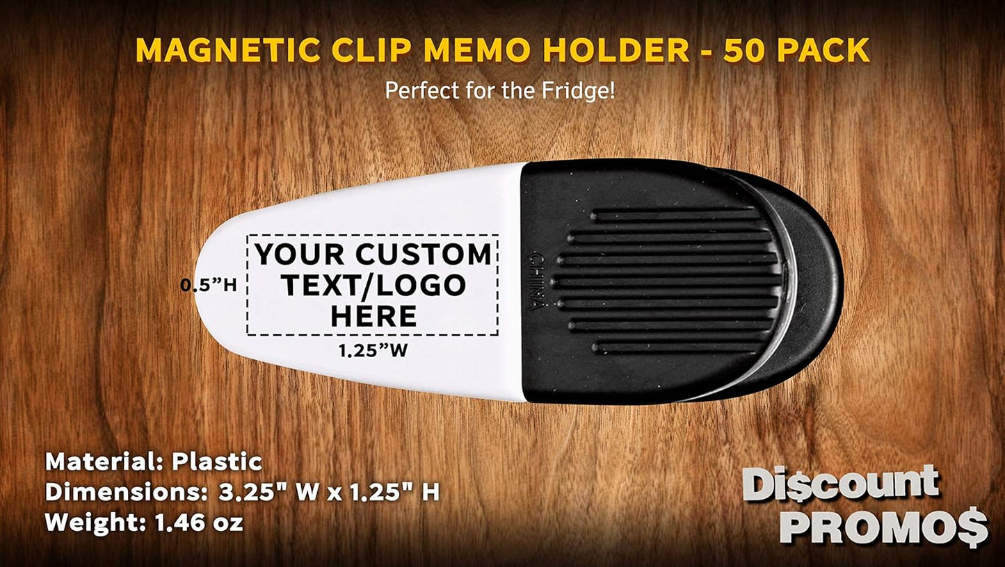 50 Magnetic Memo Holders Set - Customizable Text, Logo - Large Clip, Plastic - White Black