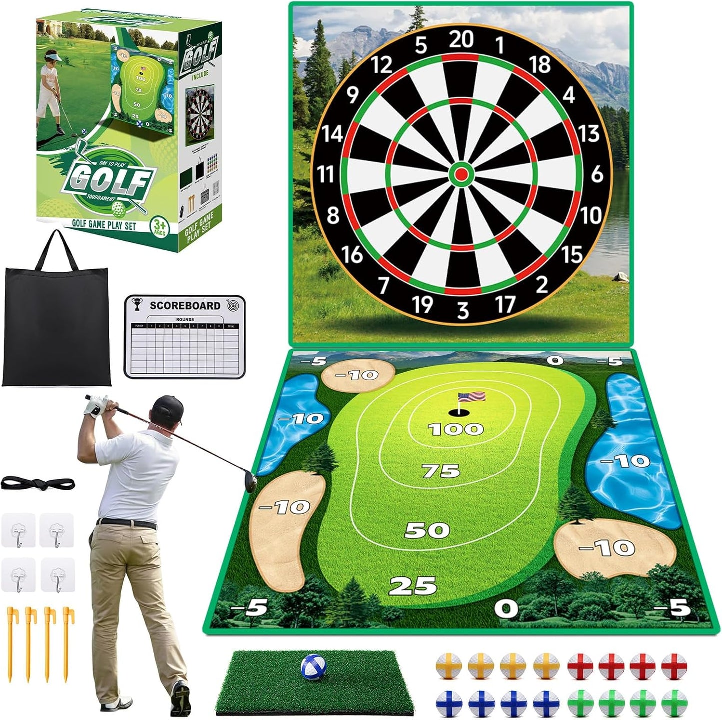 Golf Chipping Game 70"x70" Double Sided Golf Game Practice Mat Kits with 20 Sticky Balls, 1 Portable Storage Bag Starting Games Anytime, Ideal Birthdays for Kids Adults(No Club)