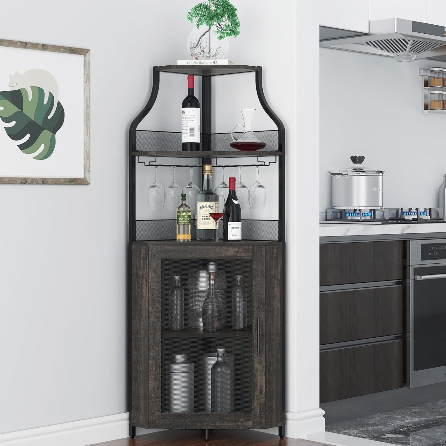 GAOMON Rustic Modern Corner Wine Cabinet, 5-Tiers Liquor Cabinet with Glass Holder, Industrial Bar Cabinet for Home, Dark Rustic Oak, 13.4"D x 18.5"W x 61"H