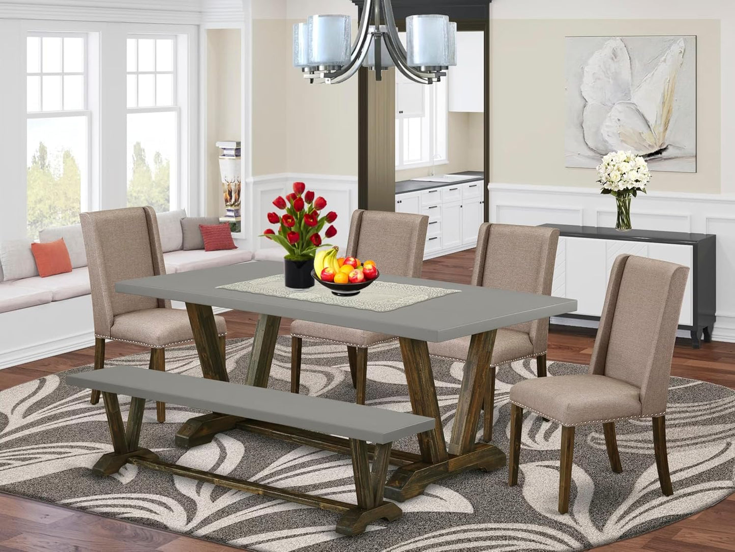 East West Furniture V797FL716-6 6 Piece Dining Table Set Contains a Rectangle Dining Room Table with V-Legs and 4 Dark Khaki Linen Fabric Parson Chairs with a Bench, 40x72 Inch, Multi-Color