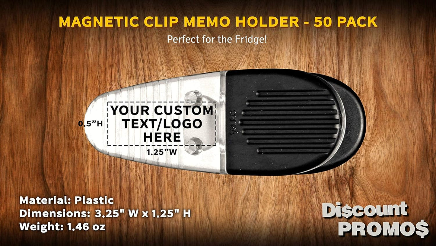 50 Magnetic Memo Holders Set - Customizable Text, Logo - Large Clip, Plastic - Clear