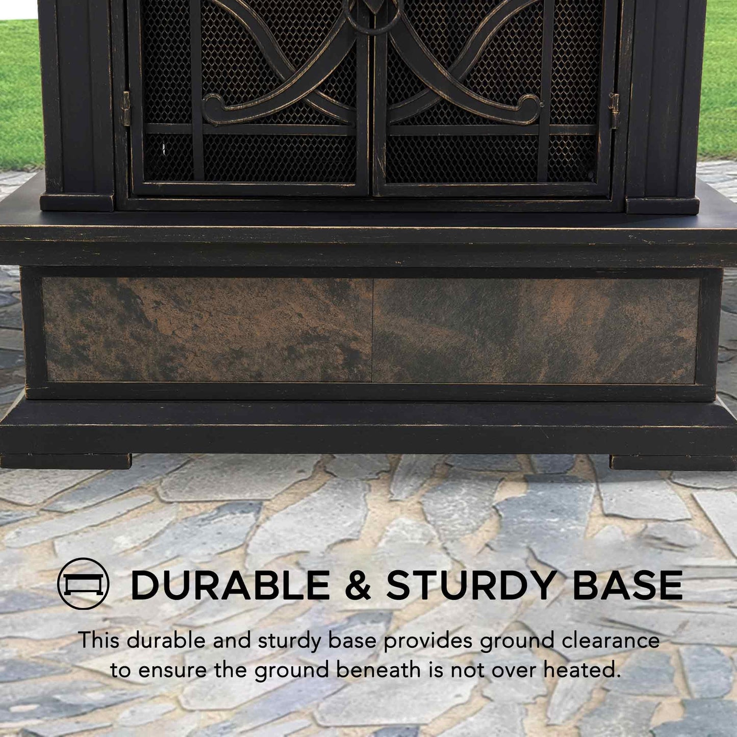 Sunjoy Outdoor Fireplace, Stone Look Tile Patio Wood Burning Steel Fireplace with Chimney, Spark Screen, Fire Poker, Rain Cover, and Removable Grate, Copper with Gray Tile