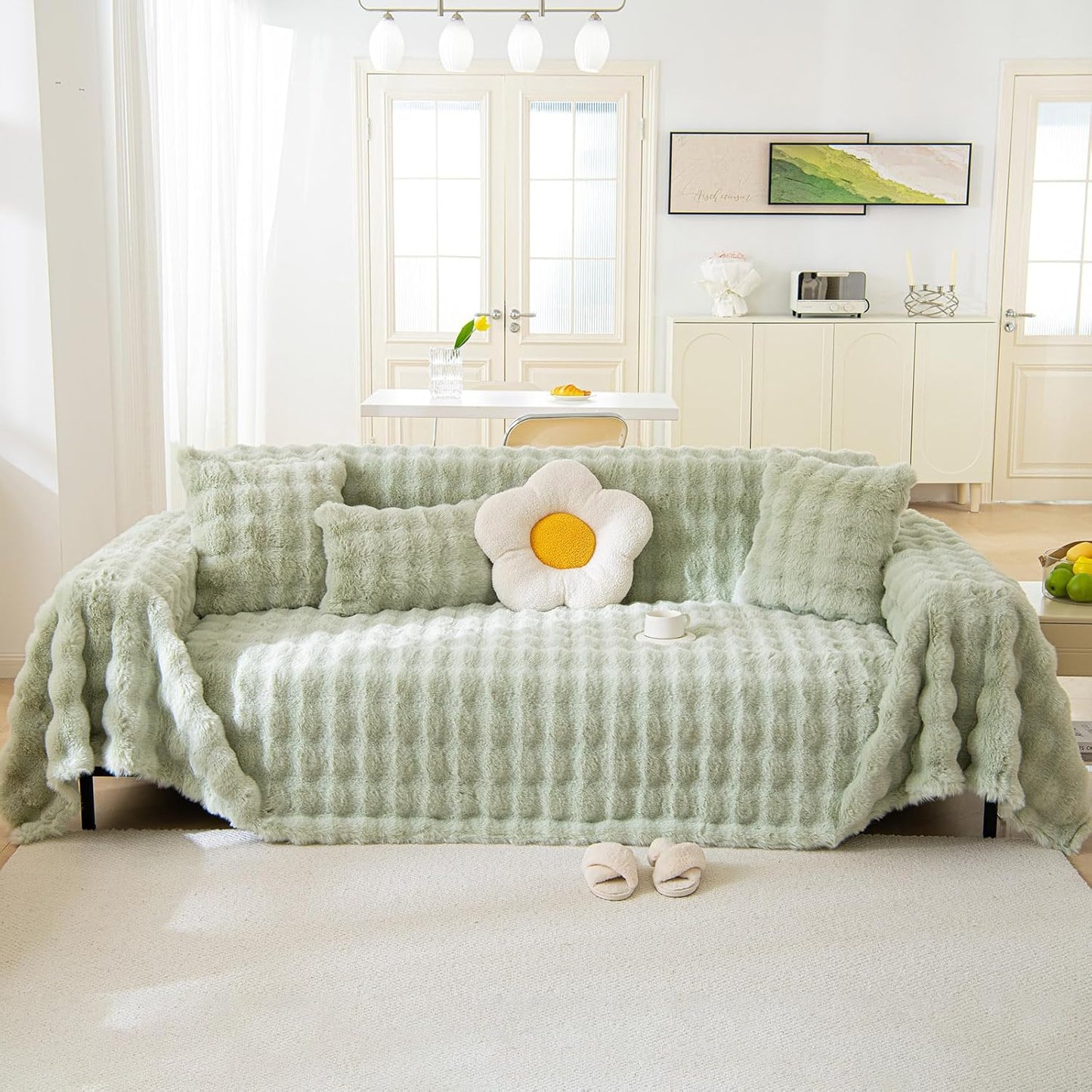 VM VOUGEMARKET Soft Warm Faux Fur Sofa Cover Thick Shaggy Fuzzy Sectional Couch Cover Plush Furniture Protector Cover Fluffy Sofa Throw Cover for Couch Sofa Bed(Green,71" x 134")