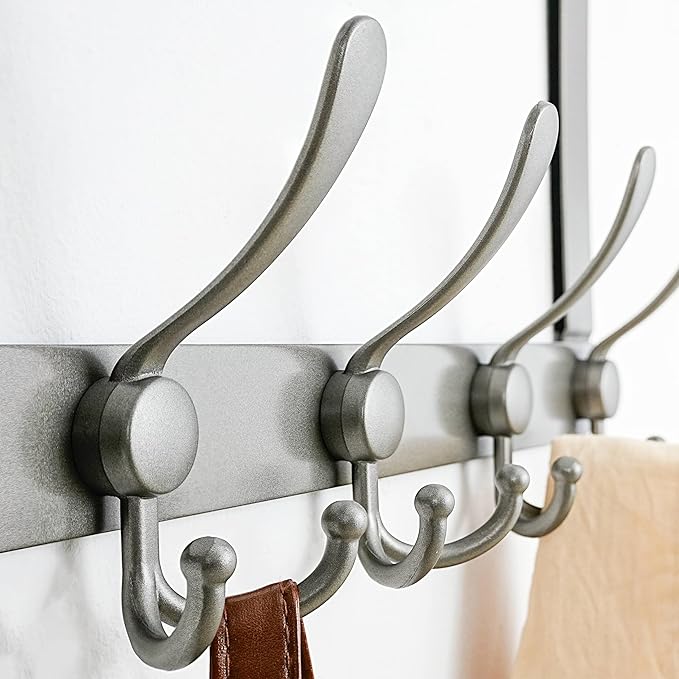 Dseap Over The Door Hook Hanger - 5 Tri Hooks, Heavy Duty Over The Door Towel Rack Coat Rack for Clothes Hat Towel, Grey