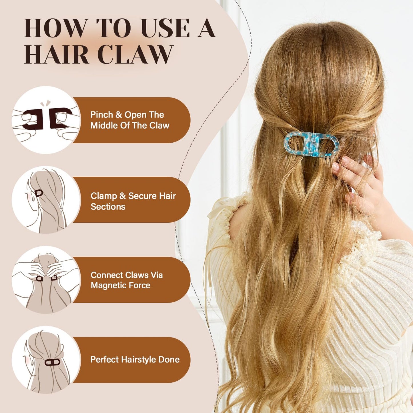 RCZETC Magnetic Hair Clips 2-Pack | Hair Clips for Styling & Thick Hair | Claw Clips & Barrettes for Women | Strong Hold Non-Slip No-Crease Hair Barrettes（Orange + Black）