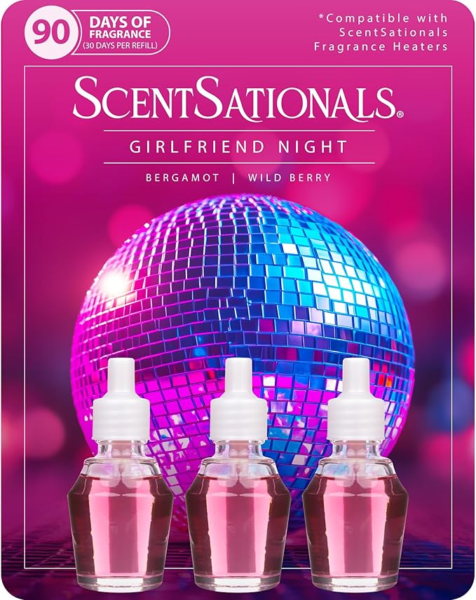 Scentsationals Fragrance Oil Plug In Air Freshener Refills 3-Pack - Girlfriend Night - Works with Scentsationals Wall Plugs, Long-Lasting Home Fragrance, 0.8 fl oz Each, Packaging May Vary
