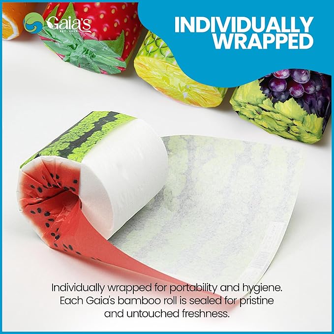Gaias Premium and Soft FruiTP Organic Bamboo Toilet Paper | 6 Mega Rolls, 3 Ply, 370 Sheets | FSC Certified, PFAS & BPA Free, Eco-Friendly, Sustainable Tissue - Plastic Free Packaging, Septic Safe