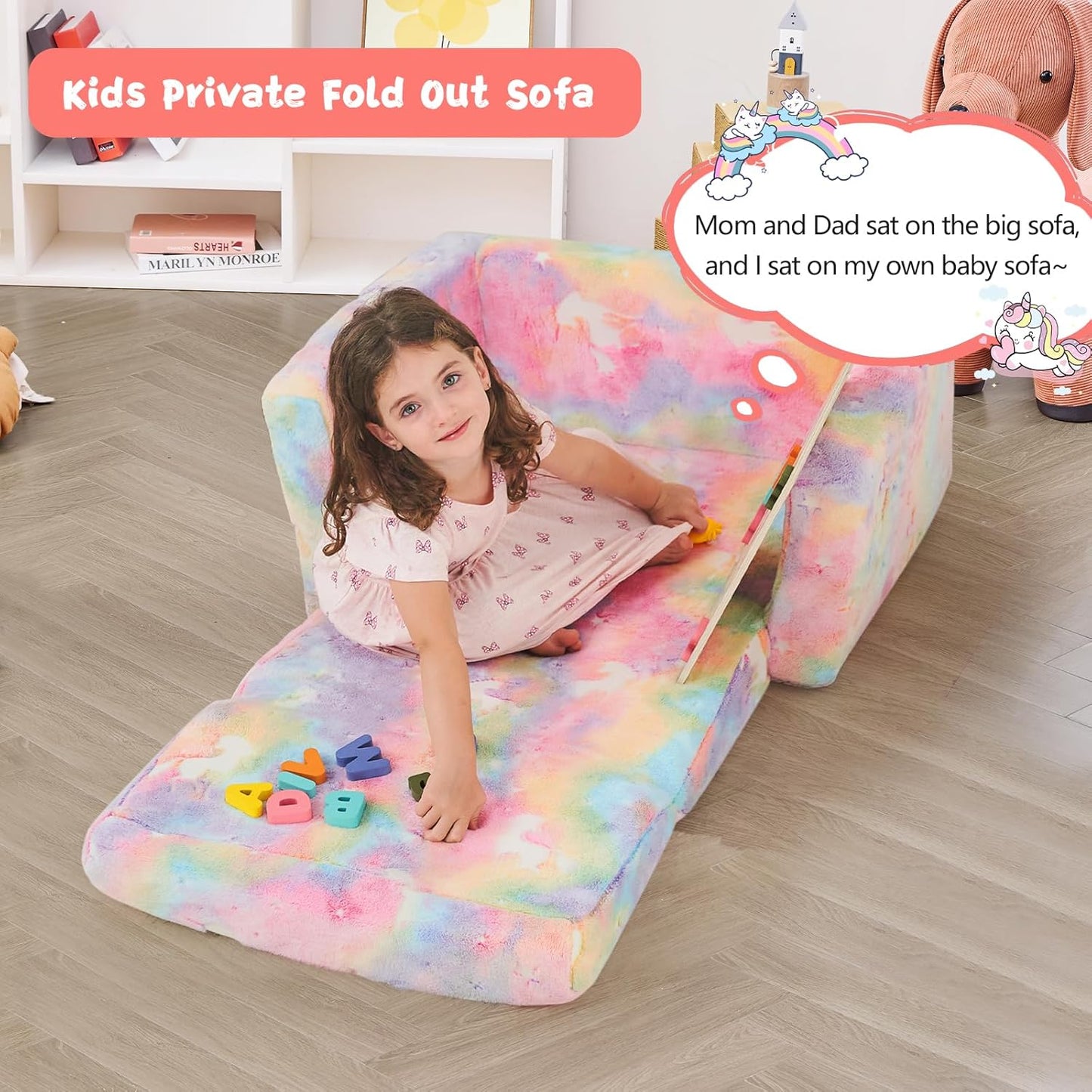 Toddler Chair Comfy,2-in-1 Soft Toddler Couch Fold Out for Kids,Convertible Sofa to Lounger,Gift for Girls and Boys Birthday,Unicorn,Medium
