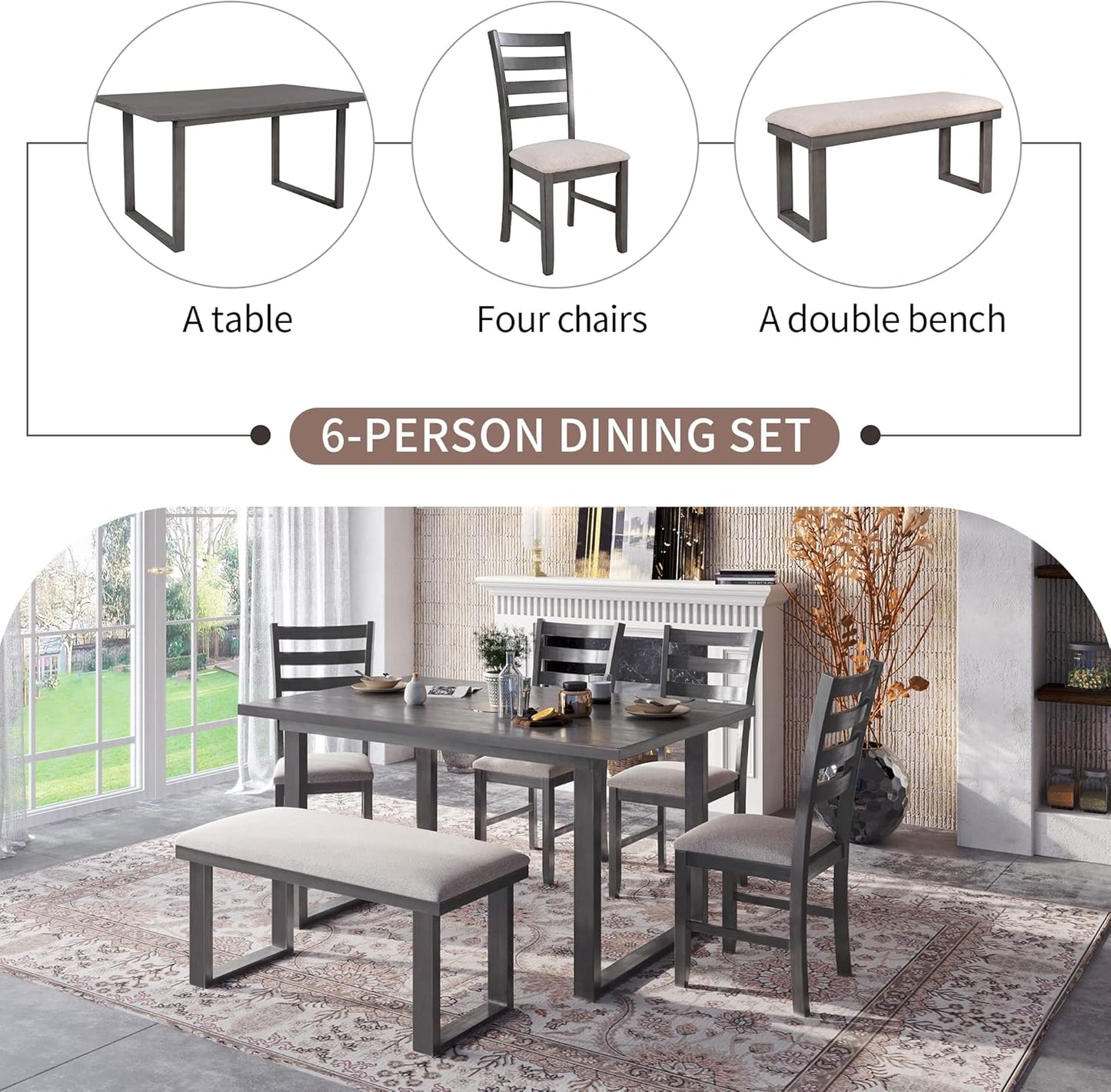 6 Pieces Dining Table Set with 60" Rectangle Kitchen Desk,Wooden Living Room Furniture W/ 4 Ladder Back Upholstered Chairs and 1 Bench,for Restaurant,Home Bistro,Gray
