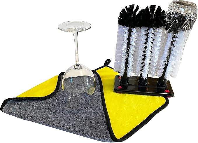Water Bottle Cleaning Brush - 3 Brush Bar Glass Cleaner - Brushes for Large Cups Glasses and Bottles - Suction Cups for Stable Grip on Sink, Bar and Kitchen Top - Includes Cleaning Cloth
