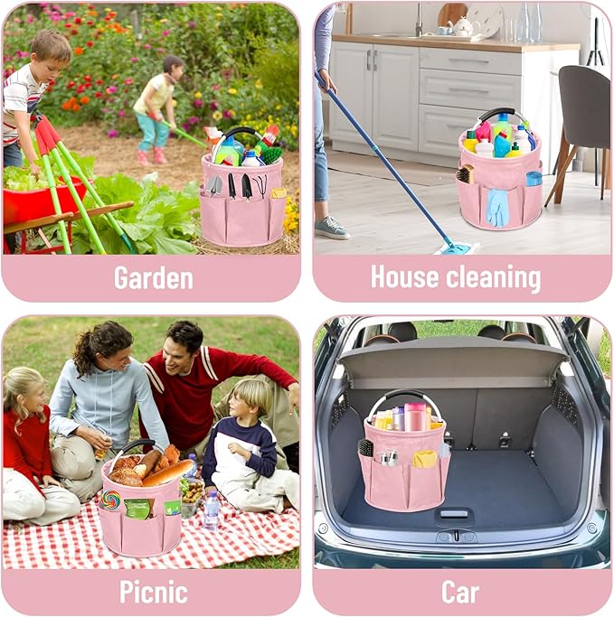 Cleaning Caddy for Cleaning Supplies, 17L Cleaning Supply Caddy with Handle Foldable Cleaning Supplies Organizer Bucket Tool Bag Organizer Cleaning Products Organizers for Home, Garden (Pink)