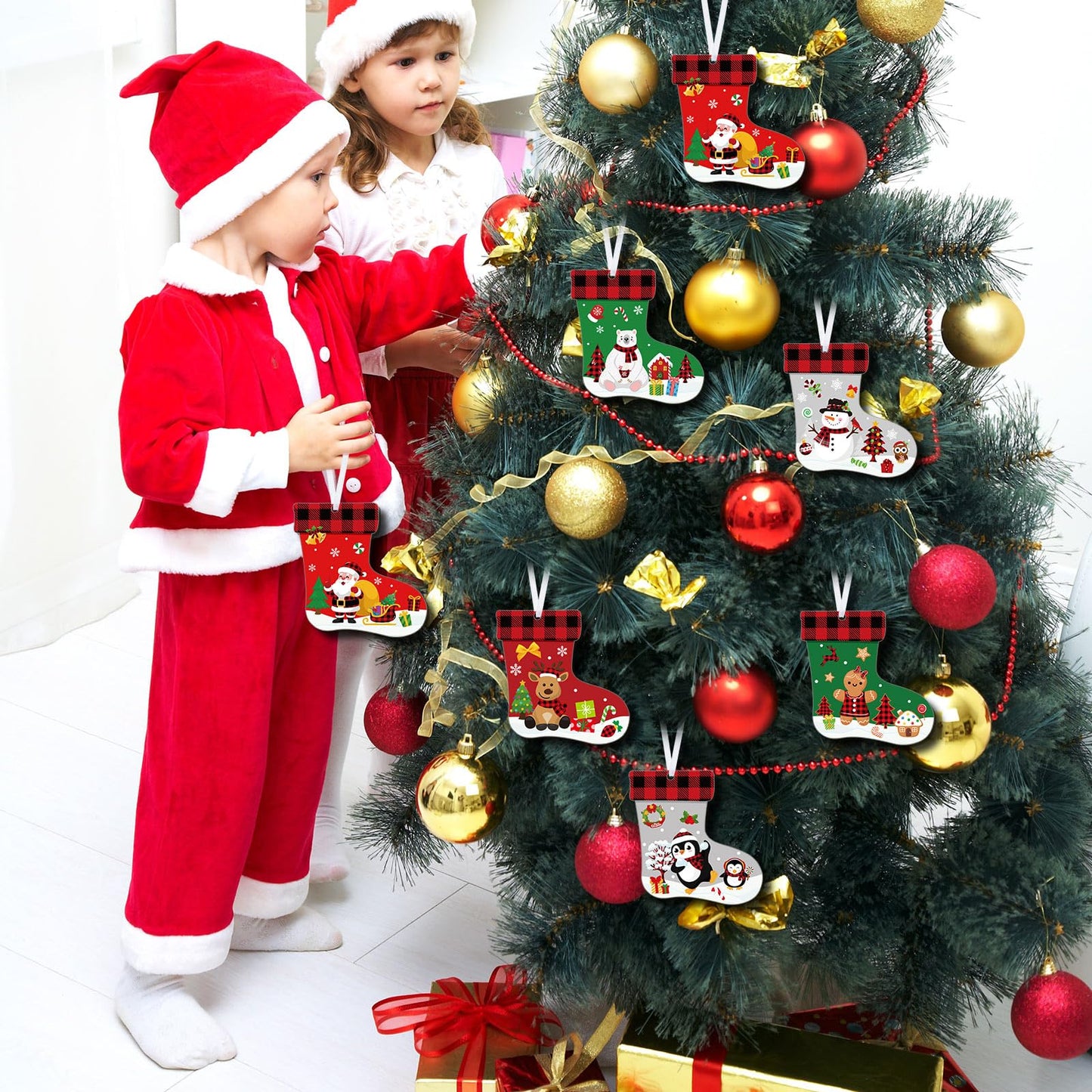 Fuyoooo 48 Pcs Christmas Craft Kits for Kids Christmas Stockings Christmas Tree Stockings Ornaments Kit Make Your Own Christmas Craft DIY Stockings Cutouts for Holiday Farmhouse Decor