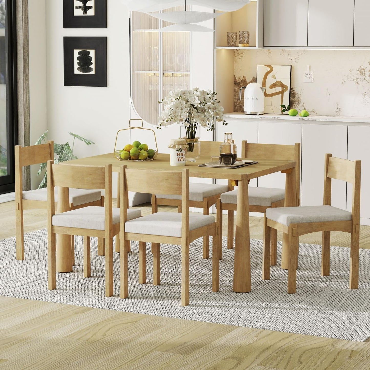 Dining Table with Chairs Set of 6, 7-Piece 60" Farmhouse Rectangular Dining Room Table with 6 Upholstered Solid Wood Chairs, Space Saving Kitchen Tables for Small Place, Natural Rubber Wood