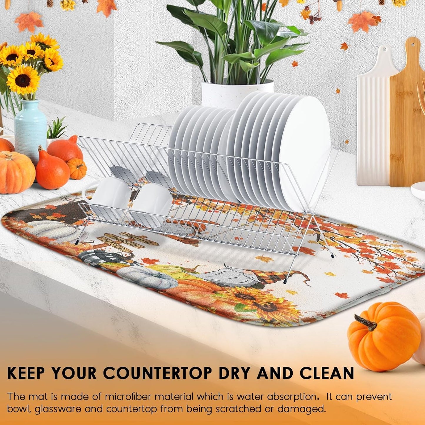 Sanwarm Absorbent Dish Drying Mat, Autumn Gnome Leaves Microfiber Pad for Kitchen Counter, Fall Botanical Floral for Coffee Bar Decor, Heat Resistant and Reversible, 18" x 24"