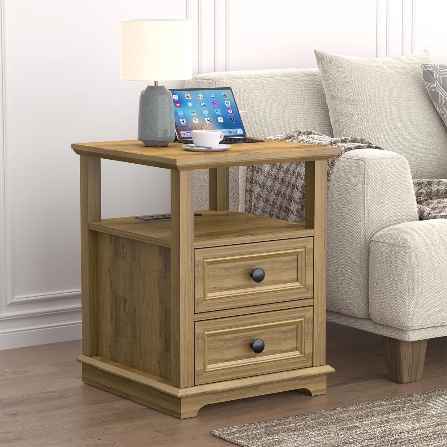 End Table with Fast USB C Charging Station, 18" Wide Sofa Side Table with 2 Drawers, Large Storage Rustic Wood Square Storage Cabinet for Living Room,Bedroom,Office, Light Brown