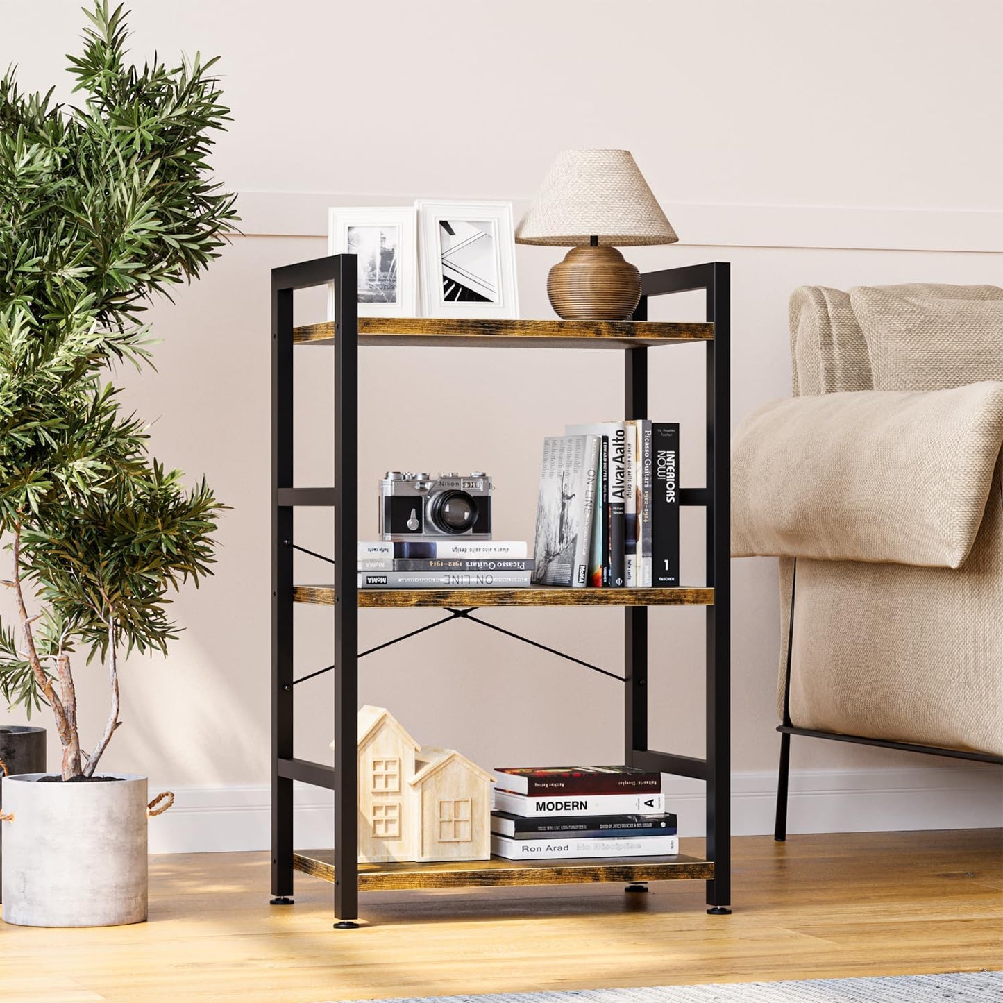 NUMENN 3 Tier Slim Bookshelf, Bookcase Shelf Storage Organizer, Modern Book Shelf for Bedroom, Living Room and Home Office, Vintage
