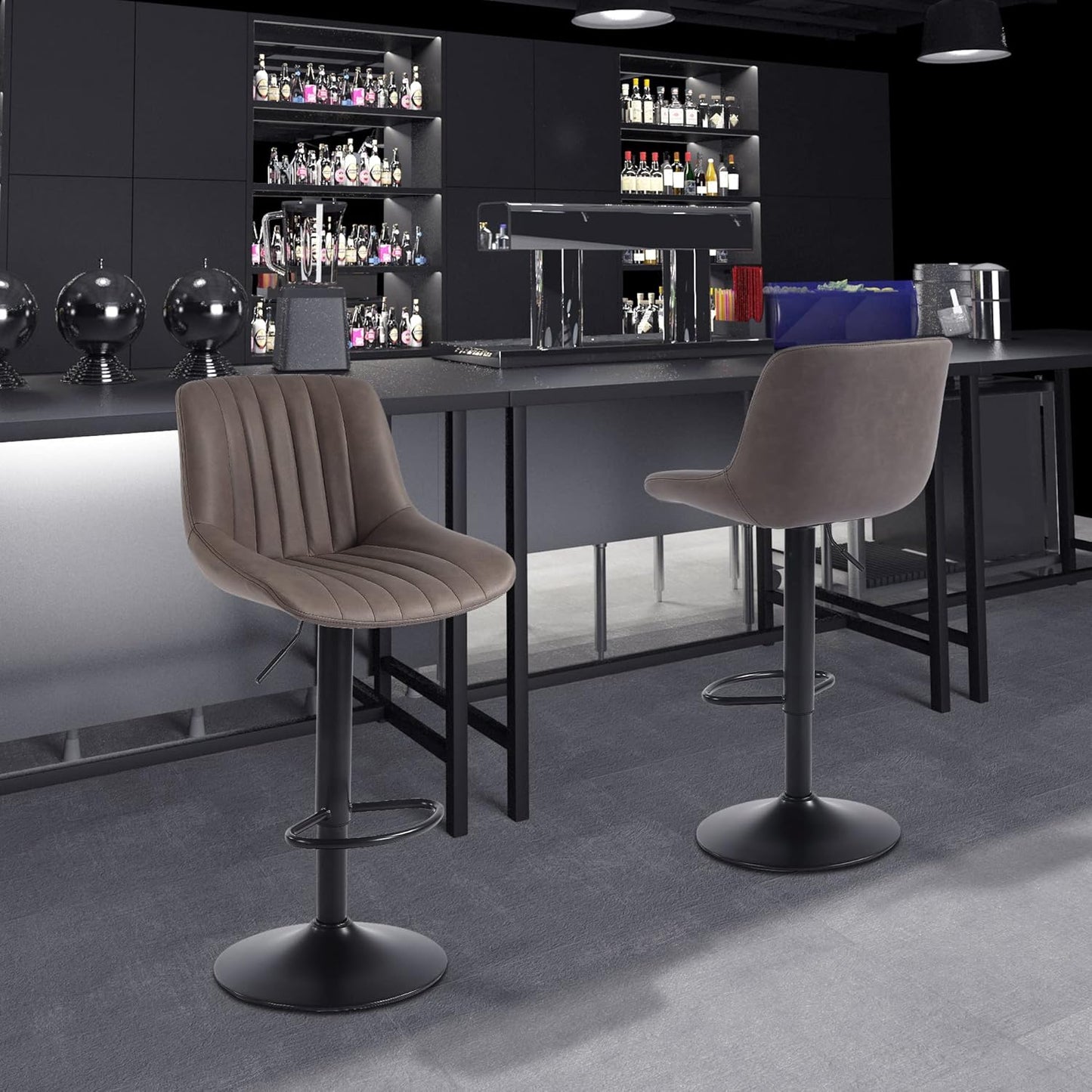 Bar Stools Set of 2, Swivel Counter Height Barstools with Back, Adjustable Faux PU Leather Bar Chairs, Modern Armless Kitchen Island Stool, Brown