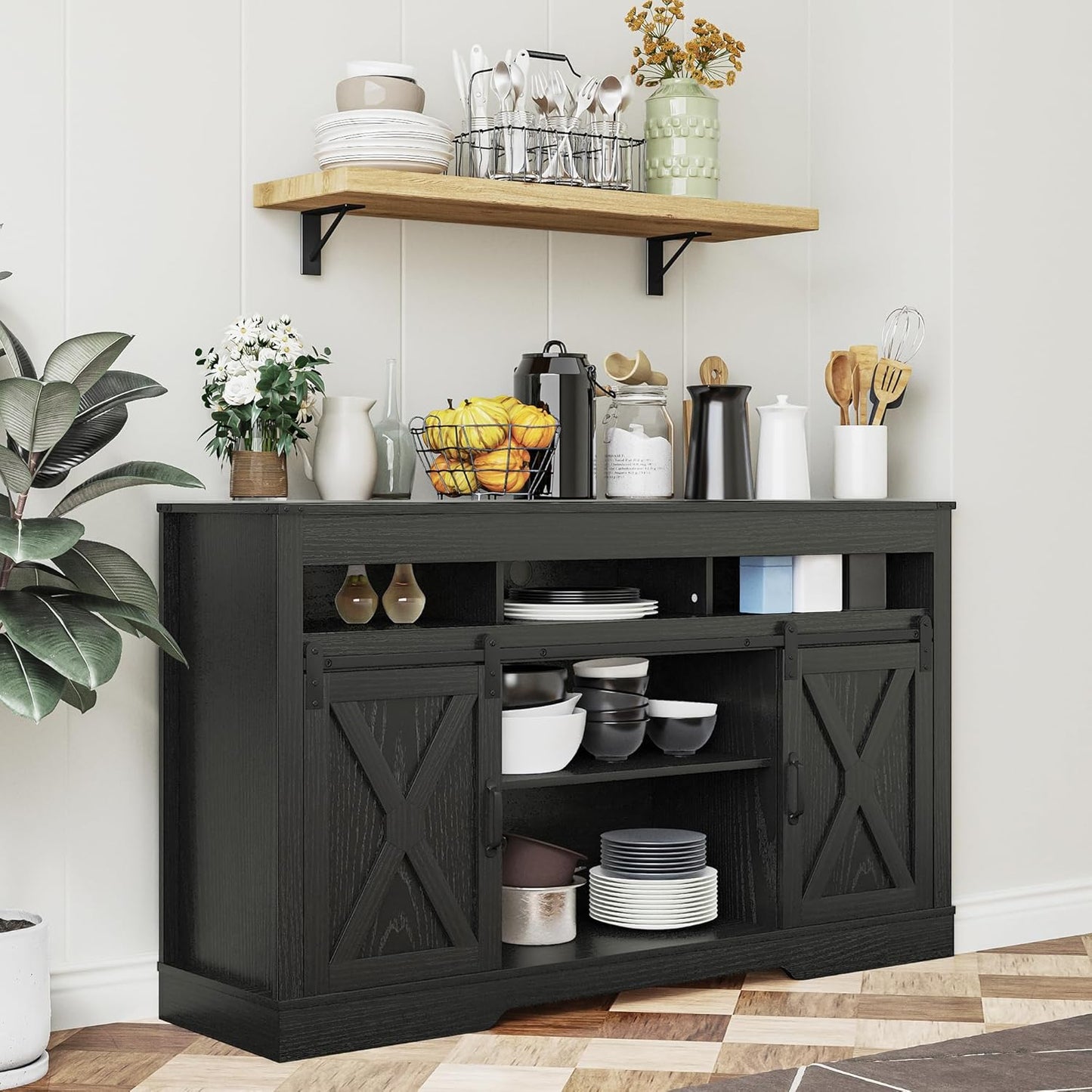 RoyalCraft Farmhouse TV Stand with Sliding Barn Door for TVs up to 65+ Inch, 34" Tall Entertainment Center, Wood Media Console Storage Cabinet for Bedroom, Living Room, Black