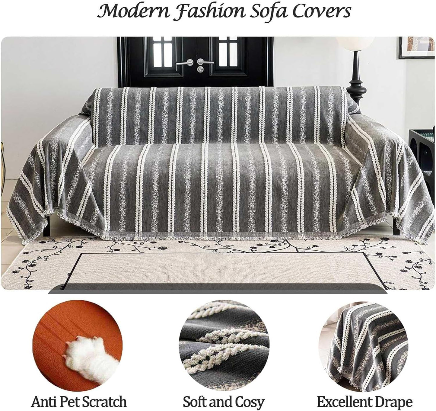 Couch Cover for Dogs Washable Sofa Cover, Sectional Couch Covers, Sofa Covers for 2 Cushion Couch, Non Slip Stripe Sofa Slipcovers Furniture Protector, Couch Protector from Cat Claws, Grey,75''x150''