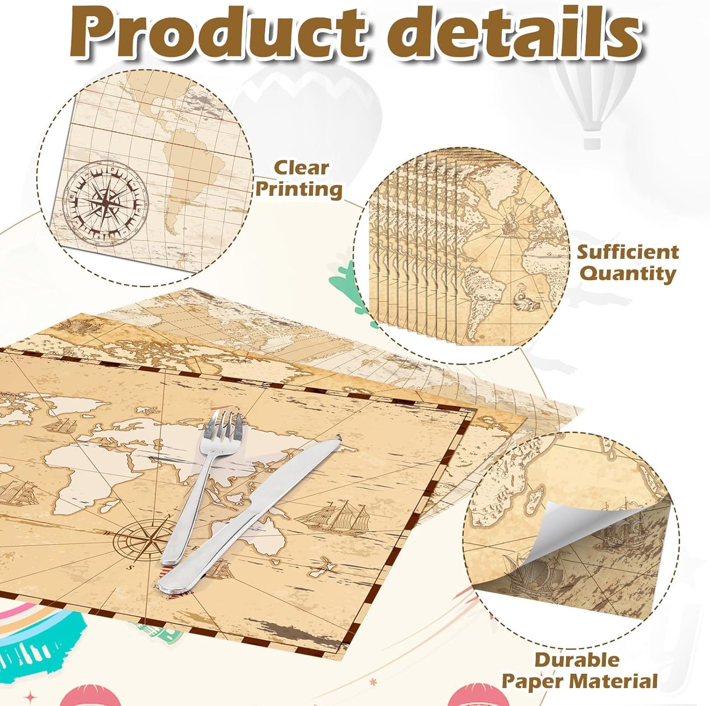 Eaasty 50 Disposable World Map Paper Placemats Vintage World Map for Old Paper Retro Style Decorative Travel Adventure Table Mat for Geography Learning Education Traveler Theme Crafts (13.4 x 9.45'')