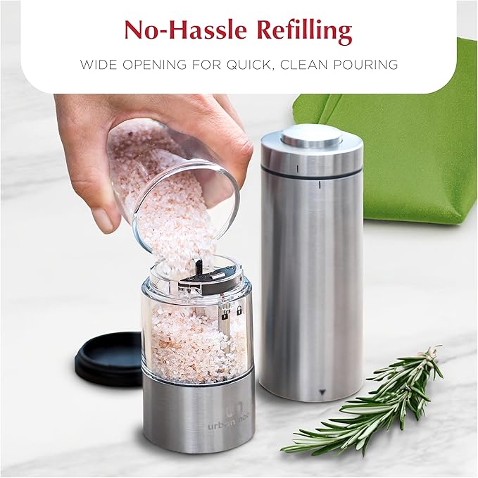 Electric Salt and Pepper Grinder - Battery Operated Stainless Steel Pepper Mill with Light - Automatic One Handed Operation - Electronic Adjustable Shaker - Ceramic Grinder