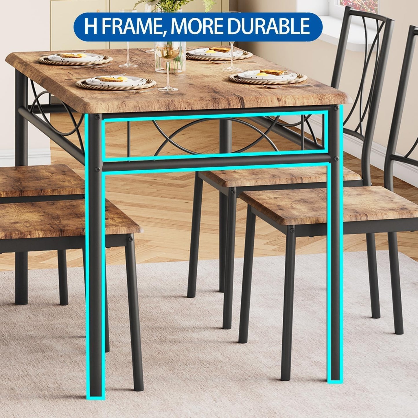 IDEALHOUSE Dining Table Set for 4, Kitchen Table and Chairs Set for 4, Rectangular Kitchen Table Set, 5 Piece Small Dining Table Set with Wood Chairs for Apartment, Small Space, Retro Brown