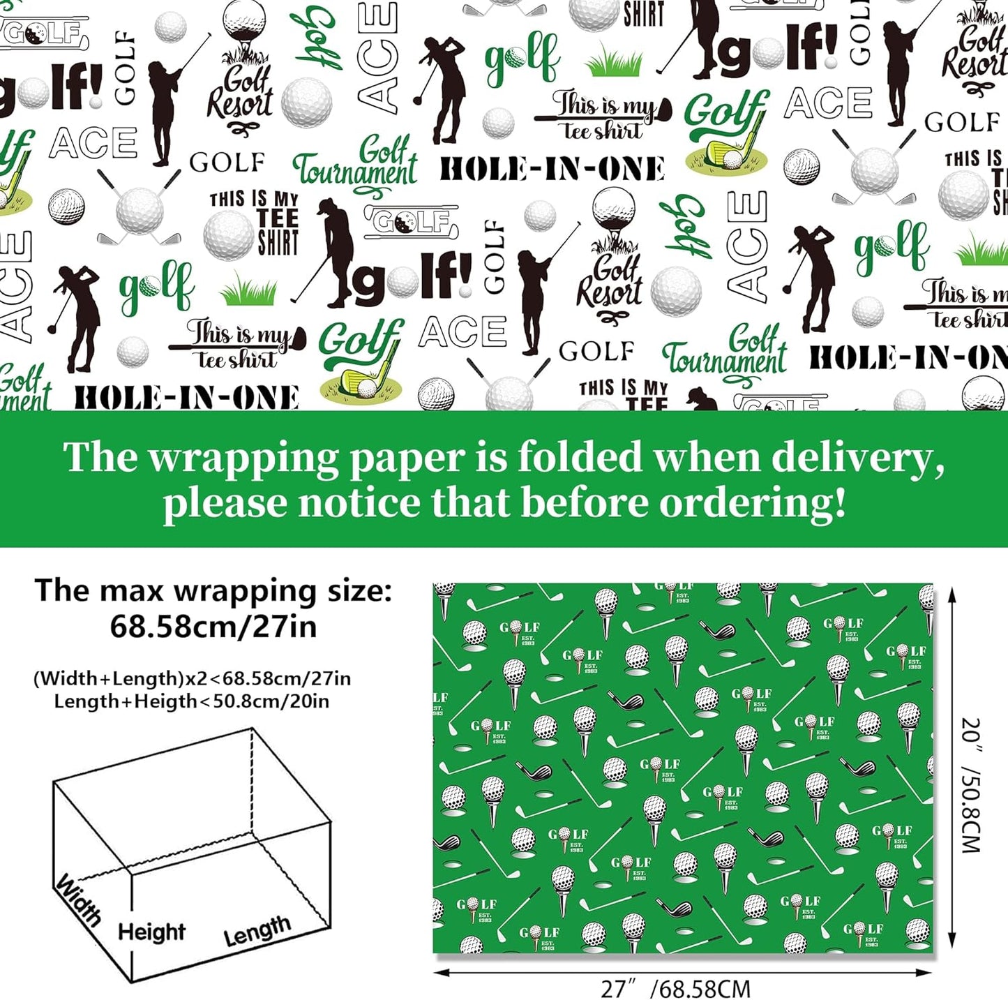 Golf Wrapping Paper for Men Boys, 12 Sheets Blue Green Sports Golfing Gift Wrap Paper with Sports Golfs Clubs Balls Carts Green Argyle Champions Plaid Pattern Designs Golfs Gift Papers, 20'' x 27''