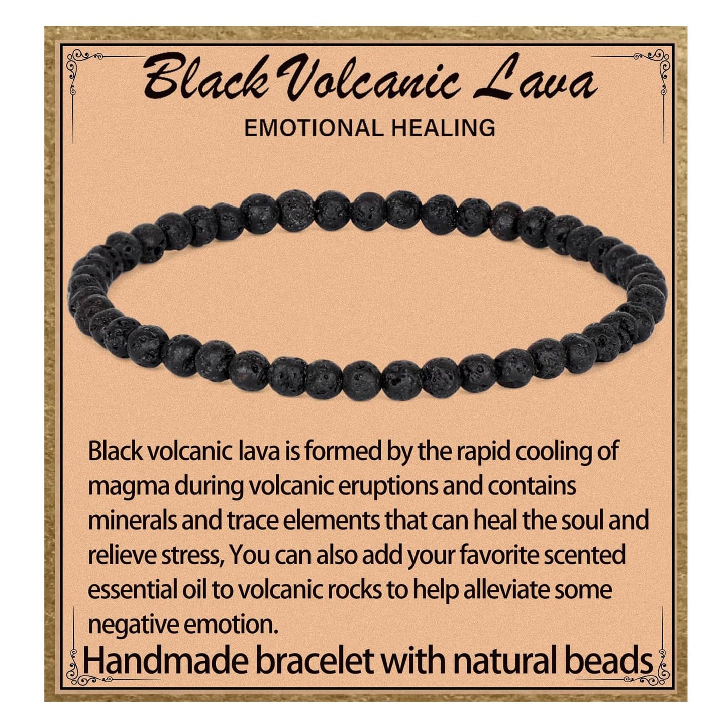LPBeads Handmade Natural Gemstone Stretch Elastic 4mm Black Lava Bracelet Healing Crystal Round Stone Beads Jewelry Gifts for Women Men