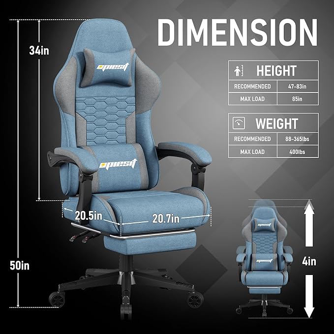 Gaming Chair, Fabric Computer Chairs with Lumbar Support and Massager, Ergonomic Office Chair with Footrest & Pocket Spring Cushion, Bearing 400 LBS（Blue）