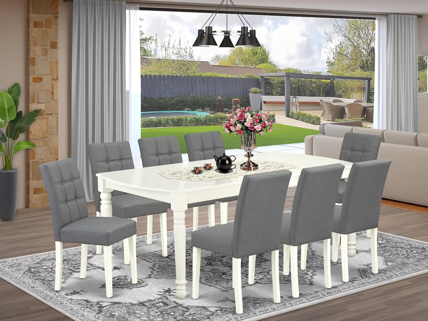 East West Furniture DOAS9-LWH-41 9 Piece Dining Table Set Includes A Kitchen Table and 8 Platinum Gray Polyester Fabric Person Chairs with Stylish Back- Linen White Finish