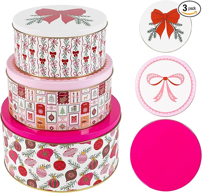 Martha Stewart Metal Cookie Tins, 3-Piece Nesting Set, Small, Medium & Large, Christmas Containers for Gift & Storage (Ornaments and Bows)