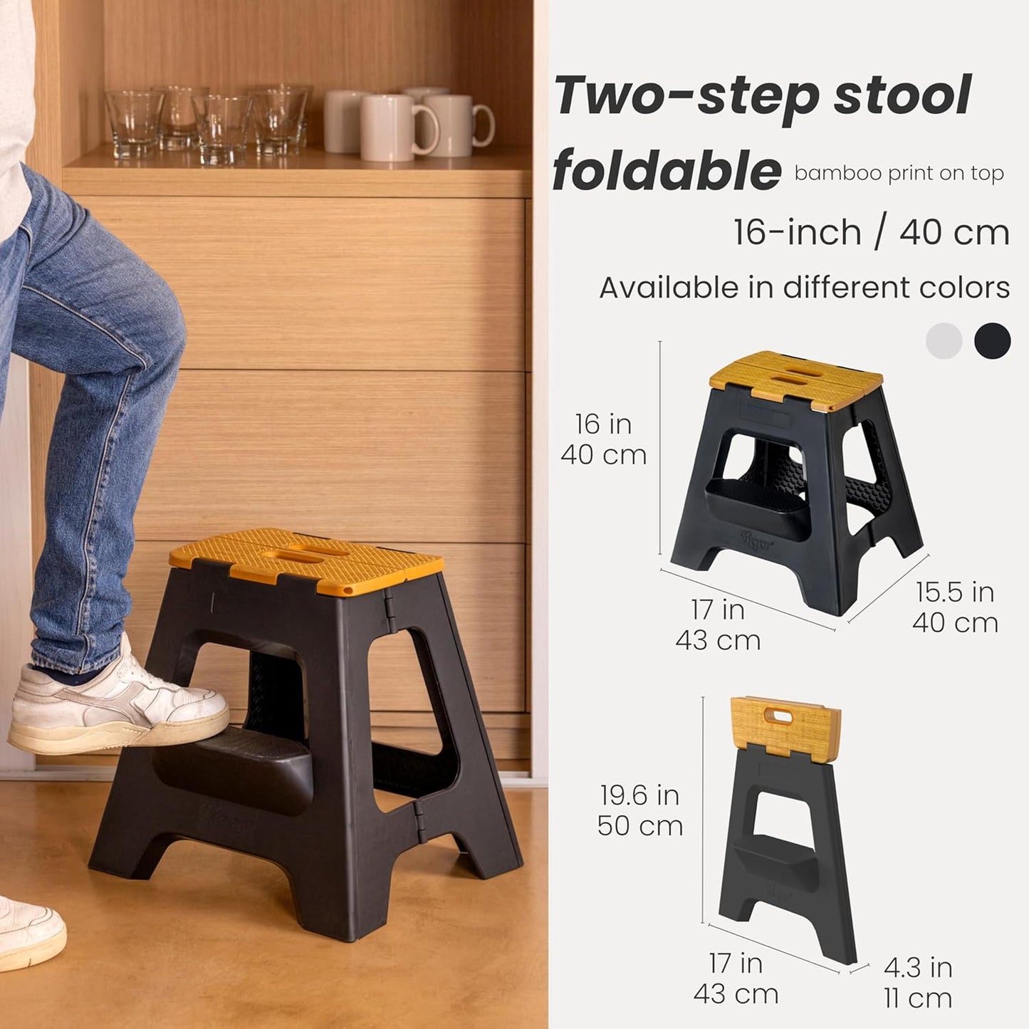 Vigar Compact Step Stool Foldable, 16-inch Two-Step Stools for Adults up to 330 Pound, Lightweight Stool, Non-Slip Folding Step Stool, Black, Bamboo Print on Top